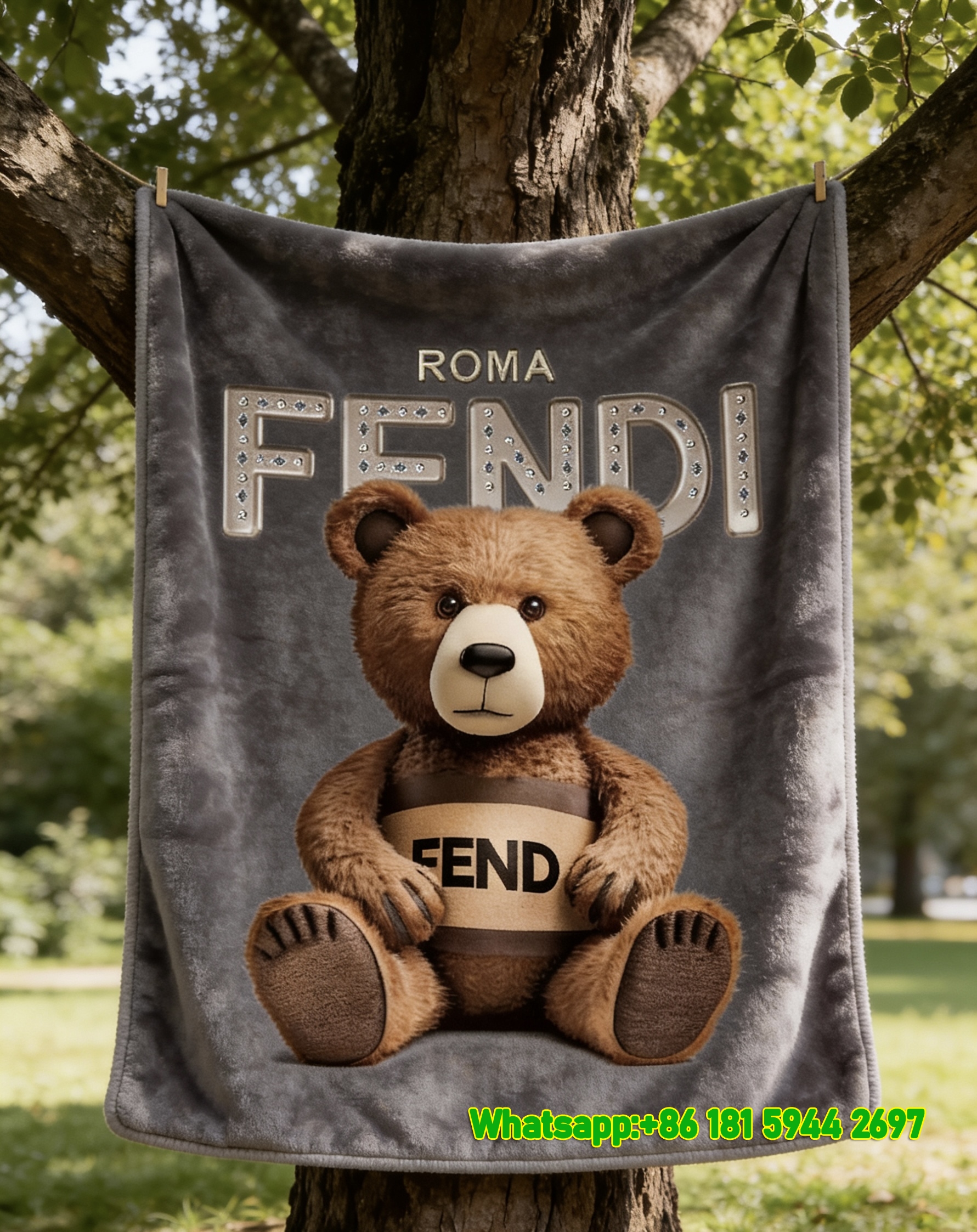 Fendi Roma Teddy Bear Plush Flannel Sofa Throw Blanket Luxury Designer IMG_9371